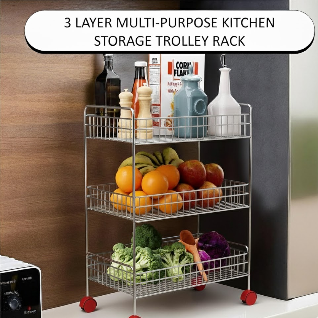 3-Tier Stainless Steel Kitchen Trolley , Fruit & Vegetable Rack